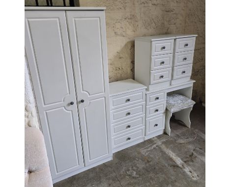MODERN WHITE BEDROOM SUITE COMPRISING DOUBLE DOOR WARDROBE, 4 DRAWER CHEST, DRESSING TABLE &amp; PAIR OF 3 DRAWER BEDSIDE CAB