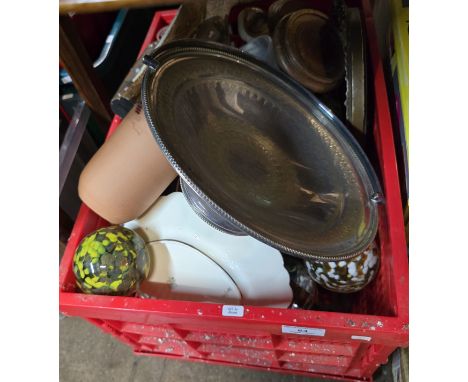 BOX CONTAINING VARIOUS PAPERWEIGHTS, CYPRUS POTTERY, EP LOOPED HANDLED DISH, VARIOUS LADIES WRISTWATCHES, NAO STYLE ORNAMENT,