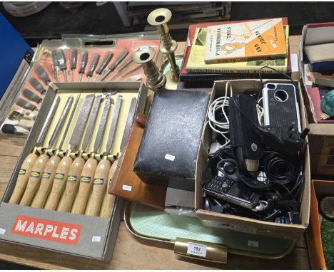 2 JEWELLERY BOXES, BRASS CANDLESTICKS, VARIOUS JOINER WOODCRAFT BOOKS, BOX WITH OLD CABLE, OLD TELEPHONES, OLD MOBILE PHONES,