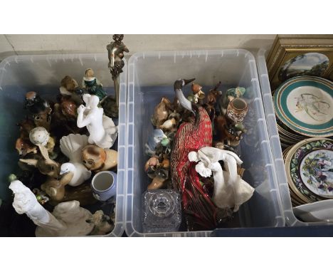 3 BOXES CONTAINING VARIOUS ANIMAL ORNAMENTS , CUT CRYSTAL DECANTER, FIGURINE ORNAMENTS, HUMMEL ORNAMENTS, JAPANESE VASE, VARI