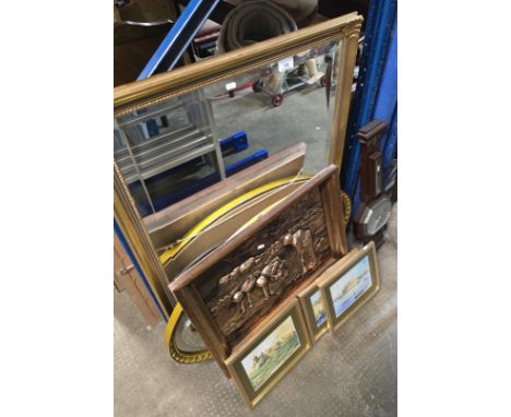 GILT FRAMED MIRROR, COPPER FRAMED PANEL, OVAL SHAPED GILT MIRROR, VARIOUS PICTURES, SHAPED MAHOGANY CASED BAROMETER/THERMOMET