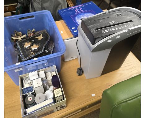 PAPER SHREDDER, PANASONIC HIFI SYSTEM, BOX CONTAINING PEWTER BOWL, VARIOUS JEWELLERY BOXES, MUSICAL JEWELLERY BOXES, OLD CHAN