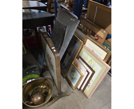 BRASS JELLY PAN, BRASS KETTLE, EXT CABLE, TAPESTRY OAK FRAMED FIRE SCREEN, ANTA WOOL RUG, LARGE QUANTITY OF VARIOUS FRAMED PI