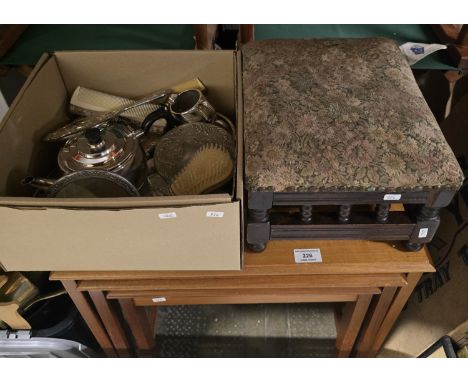 NEST OF 3 TEAK TEA TABLES, MAHOGANY FOOTSTOOL, BOX CONTAINING VARIOUS EP WARE INCLUDING TEAPOT, DRESS BRUSH SET, ETC