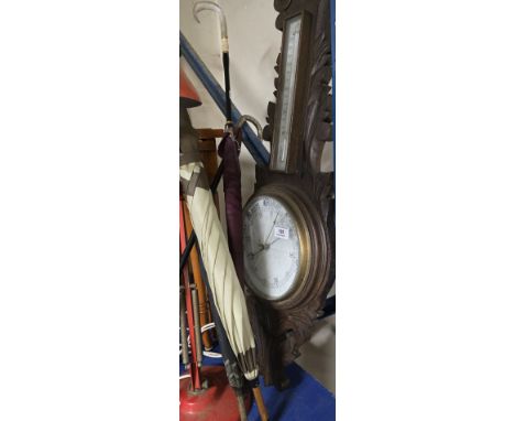 CARVED OAK BAROMETER/THERMOMETER, LADIES WHITE METAL TIPPED CANE, 3 LADIES UMBRELLA'S/PARASOLS