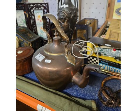 COPPER TEAPOT, CAST BRONZED WEIGHTED CHERUB STYLE TABLE LAMP BASE, COPPER BUGLE ORNAMENT, SET OF LETTER SCALES &amp; WEIGHTS,