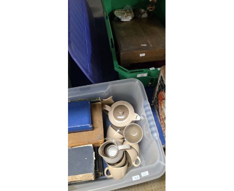 2 BOXES CONTAINING VARIOUS CUTLERY, BRASS WARE, OLD BOOKS &amp; POOLE POTTERY COFFEE SET