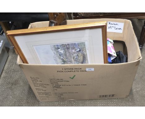 BOX CONTAINING STURGEON SIGNED PRINT, VARIOUS DVD'S, BAROMETER/THERMOMETER, LAWN BOWLS, SATNAV, DIGITAL CAMERA