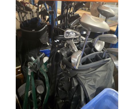 3 GOLF BAGS WITH LARGE QUANTITY OF VARIOUS CLUBS COMPRISING JOHN LETTERS, TRILOGY , PRO RIDER GOLF BUGGY