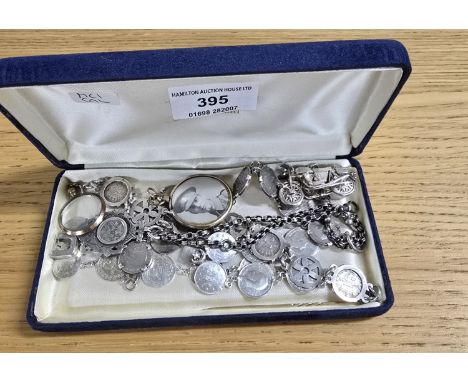 2, SILVER 3 PENCE COIN BRACELETS, DOUBLE SILVER 3 PENCE BRACELET, SILVER WATCH CHAIN AND SILVER FOB, ORNATE SILVER VINTAGE MO