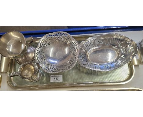 BIRMINGHAM SILVER PIERCE SIDED SWEET MEAT DISH, LONDON SILVER PIERCE SIDED BON BON DISH, CHESTER SILVER CREAM JUG, LONDON SIL