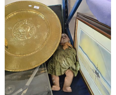 19½" BRASS DISPLAY PLATE, FRAMED WATERCOLOUR SIGNED R.A.DAMPSON, VINTAGE PORCELAIN FACED GERMAN DOLL 351/4K