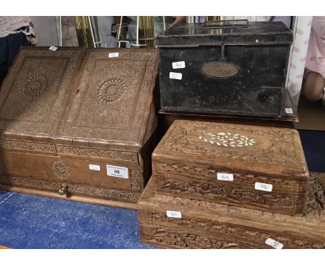 CARVED WOODEN INDIAN STYLE  STATIONARY CABINET, 2 CARVED BOXES, CAMPING SIRRAM KETTLE &amp; MAHOGANY BOX, 3 BRASS CORINTHIAN 