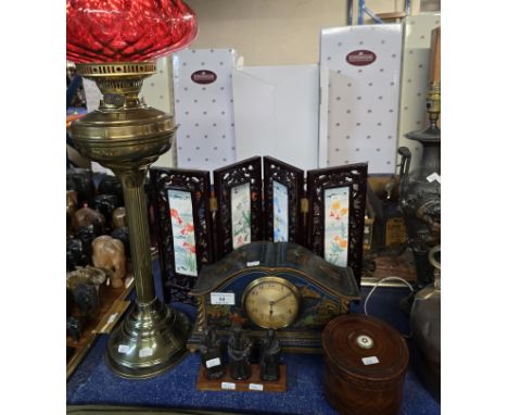 BRASS COLUMNED PARAFFIN LAMP WITH COLOUR GLASS SHADE, SET OF 3 BRONZE CHINESE STYLE FIGURES, CHINOISERIE MANTLE CLOCK, MINIAT