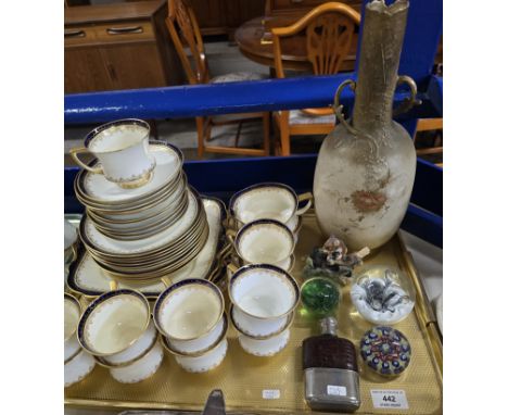 TRAY CONTAINING 37 PIECES OF PARAGON TEA WARE, SMALL HIP FLASK , 3 COLOUR GLASS PAPERWEIGHTS, AUSTRIAN VASE, BORDER FINE ART 
