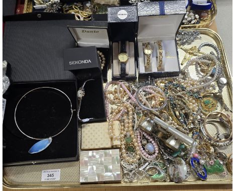 TRAY CONTAINING QUANTITY OF VARIOUS COSTUME JEWELLERY, WATCHES, BANGLES, BEADS ETC