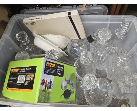BOX CONTAINING LARGE QUANTITY OF LIDDED DECANTERS, CAMPING COOK SET, DISHES, BOX CONTAINING MANTLE CLOCK, HAND MIRROR, BRASS 