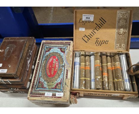 2 CIGAR BOXES WITH QUANTITY OF ODD CIGARS, COPPERIZED PICTURE PANELS