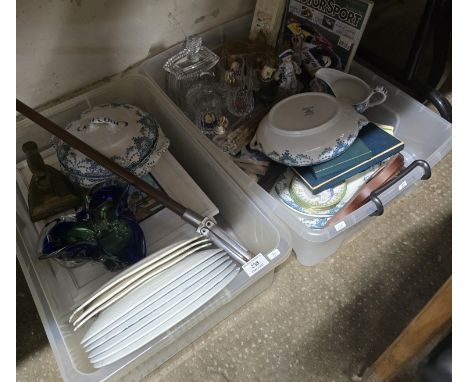 2 PLASTIC BOXES CONTAINING VARIOUS ORNAMENTS, FRAMED PICTURES, SHOOTING STICK, GLASS DISH, GLASS WARE ETC