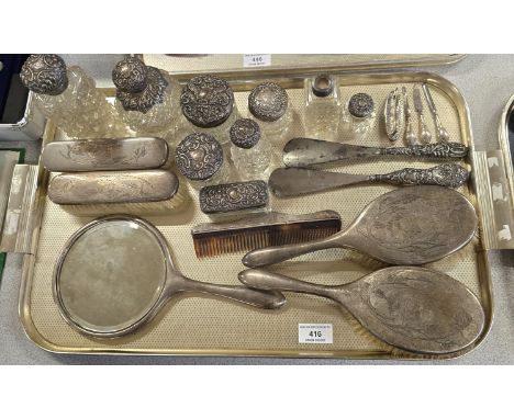 6 PIECE BIRMINGHAM SILVER, SILVER BACKED BRUSH SET, 9 VARIOUS SILVER MOUNTED PERFUME &amp; POWDER BOWLS, CHESTER SILVER 4 PIE