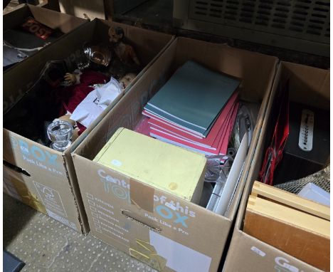 4 BOXES OF VARIOUS DOLLS, EP WARE, VASES, DISHES, TOOLS, DISPLAY PLATES ETC