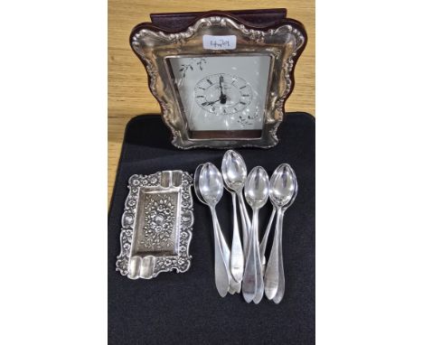 12 SHEFFIELD SILVER TEA SPOONS, CONTINENTAL SILVER ASHTRAY, SHEFFIELD SILVER MOUNTED MODERN MANTLE CLOCK BY R.CARR, COMBINED 