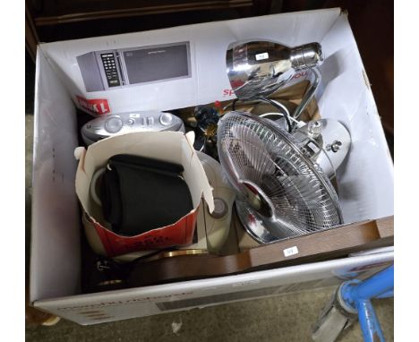 BOX CONTAINING DESK FAN, DESK LAMP, STEREO, RADIO, BAROMETER/THERMOMETER