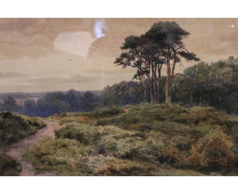 John Steeple (1823-1887) "Heathland scape with figures" watercolour painting, signed and dated 1880, 34cm x 51cm, gilt framed