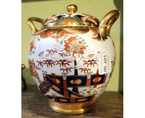 A 19th century Spode porcelain potpourri, fitted two gilded handles, painted and gilded in the Imari palette, painted factory