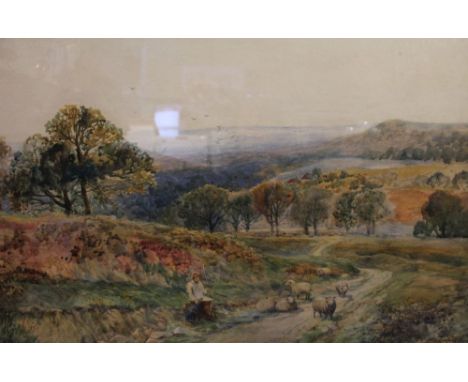 Leopold Rivers (1850-1905) "Extensive landscape with Shepherd and sheep" watercolour painting, signed, 45cm x 73cm, gilt fram