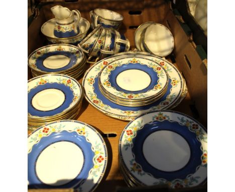A Mintons part tea set, floral and blue band decoration, comprising sandwich plates, milk jug and bowl, 12 saucers, 12 side p