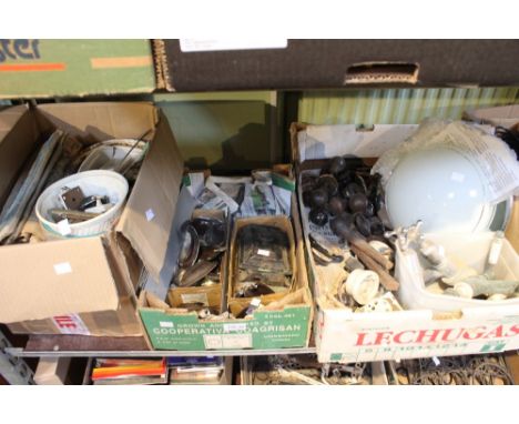 Three boxes containing a wide selection of vintage fixtures and fittings, hinges, door knobs taps etc