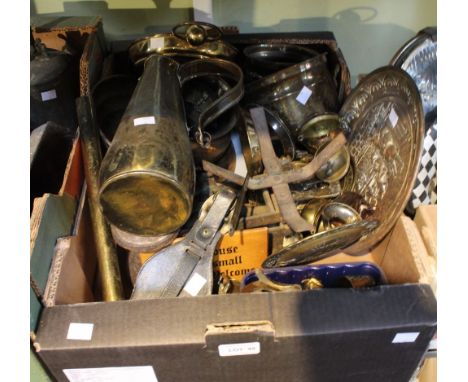 A box containing a quantity of brass wares, vintage scales etc