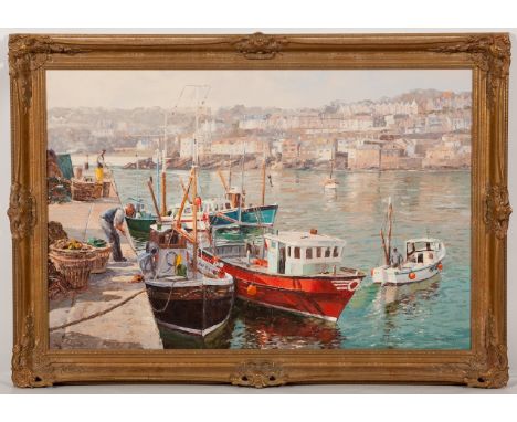 * NANCY BAILEY (BRITISH 1913 - 2012),
HARBOUR, ST IVES
oil on canvas, signed
59.5cm x 90cm
Framed 
Label verso: T. & R. Annan
