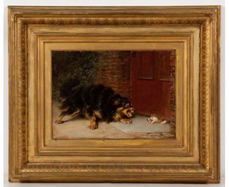 BRITON RIVIERE RA (BRITISH 1840 - 1920),
A SCIENTIFIC FRONTIER
oil on canvas, signed with initials and dated '85, titled
36cm