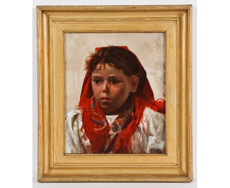 BRITISH SCHOOL (20TH CENTURY),
THE RED PATTERNED SHAWL
oil on canvas
35cm x 30cm
Framed
Label Verso: T&R Annan & Sons, Glasgo