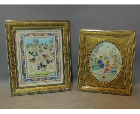Two Persian miniatures, one of horsemen in a hunting scene, 38 x 32cm, and the other of men discussing books 