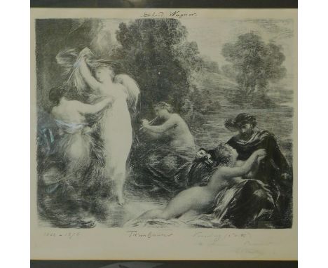 A framed lithograph by Henri Fantin Latour inscribed and signed by the artist, a scene from a Richard Wagner opera, 55 x 48cm