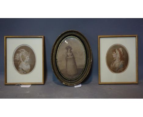 A Victorian print of a lady in oval gilt wood frame, together with 2 prints after Bartolozzi 