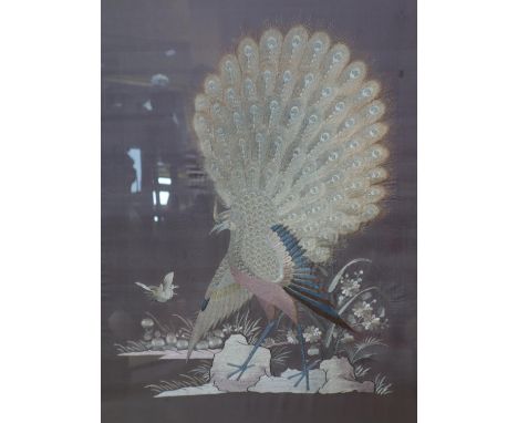 An early 20th century silk embroidery panel of a peacock, 60 x 46cm 