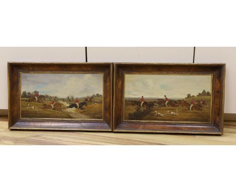 E. Davies, pair of oils on panel, Hunting scenes, signed, 22 x 40cm