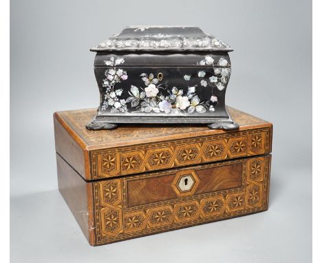 A Victorian inlaid walnut box and a Victorian black lacquer tea caddy, 30cm