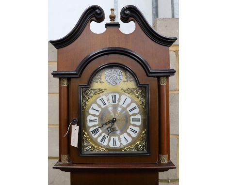 A reproduction German mahogany 'Tempus Fugit' longcase clock, height 215cm