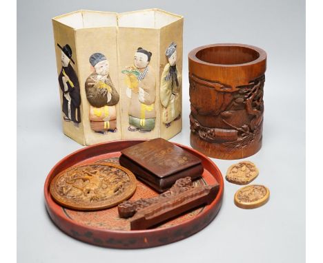 A Chinese applique work panel, a bamboo brushpot, 18cm, lacquer tray, inlaid boxwood table screen, covered box and two carvin