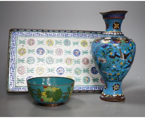 A 19th century Canton enamel tray, a cloisonne enamel bowl and a vase, 30cm