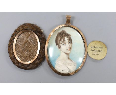 A George III portrait miniature of Rebecca Johnson, inset plaited hair verso, 6cm high