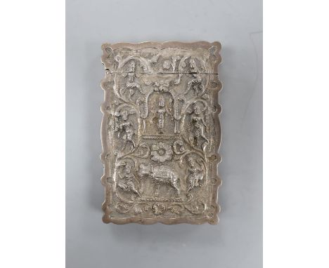 An Indian embossed white metal card case, decorated with figures and elephants, 97mm,(small hole to one panel).