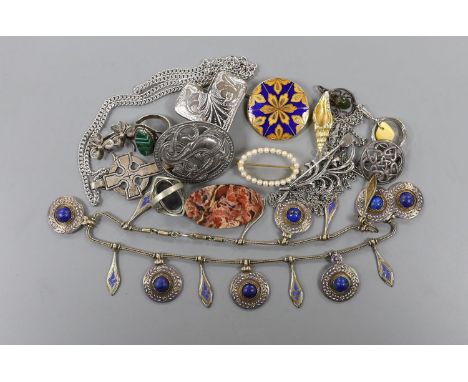 An early 20th century French gilt white metal enamel and antique lapis lazuli bead set drop fringe necklace, 42cm and a group