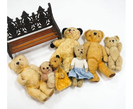 Seven English bears 1950's/60's including Chad Valley with label to Queen Mother, Sooty glove puppet and two Chilterns and a 