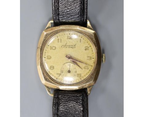 A gentleman's 1950's 9ct gold Accurist manual wind wrist watch, on associated leather strap, gross weight 29.7 grams.